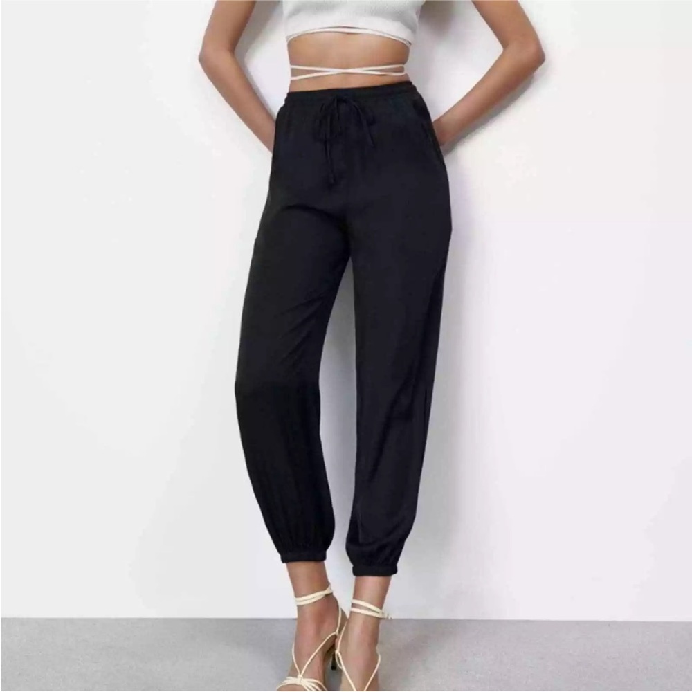 New ZARA SATIN EFFECT TROUSERS PANTS black